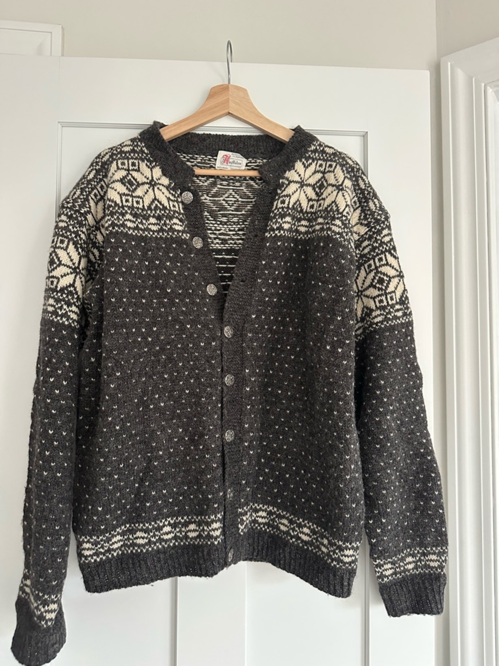 Vintage Nordic-Pattern Dark Gray & Cream 100% Wool Cardigan